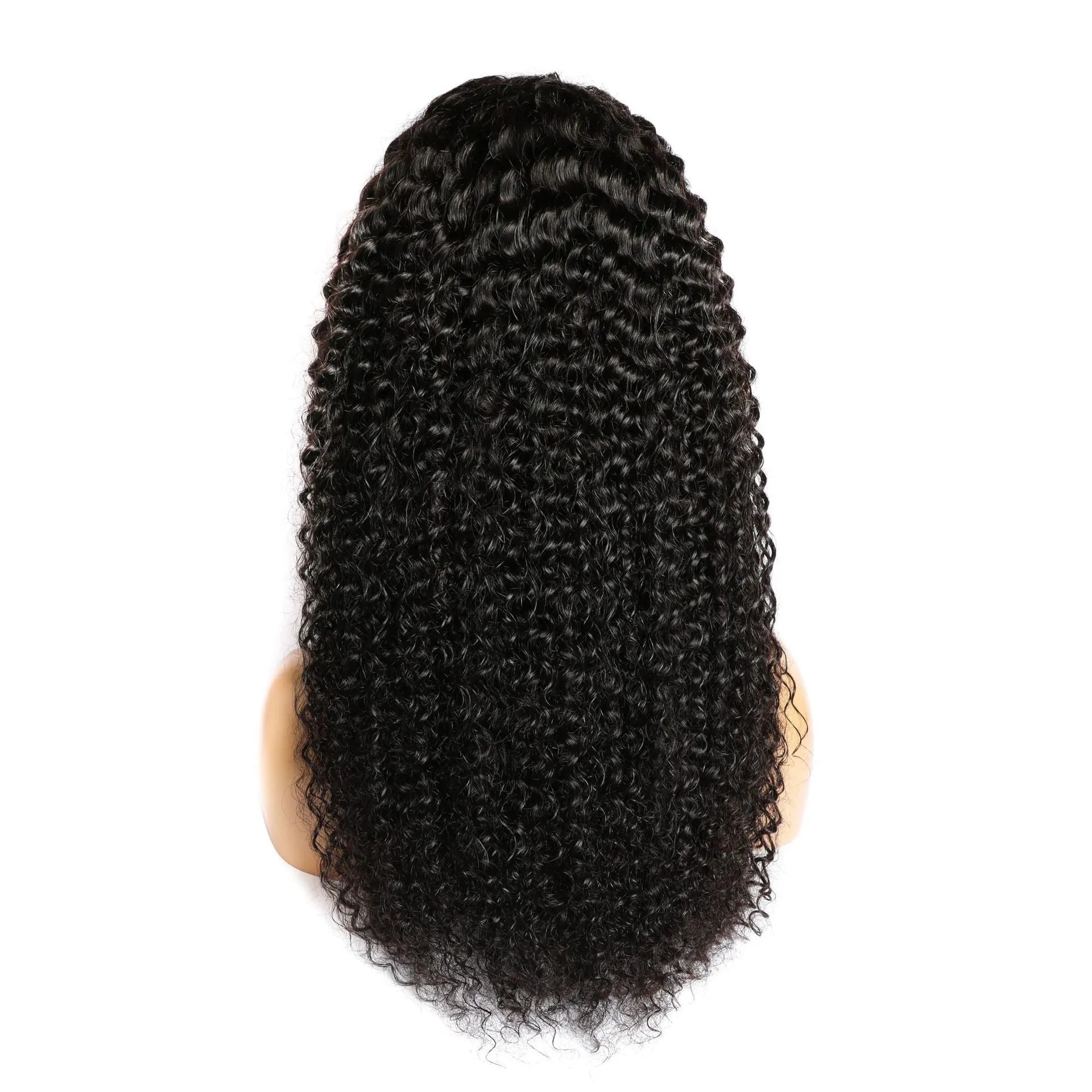 Curly real human hair lace front wig on a mannequin head, showing hand-woven base.