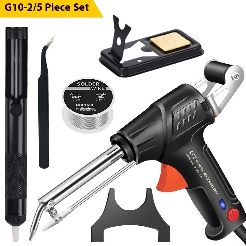 Black G102 alloy soldering gun with integrated light, part of a five-piece tool kit.