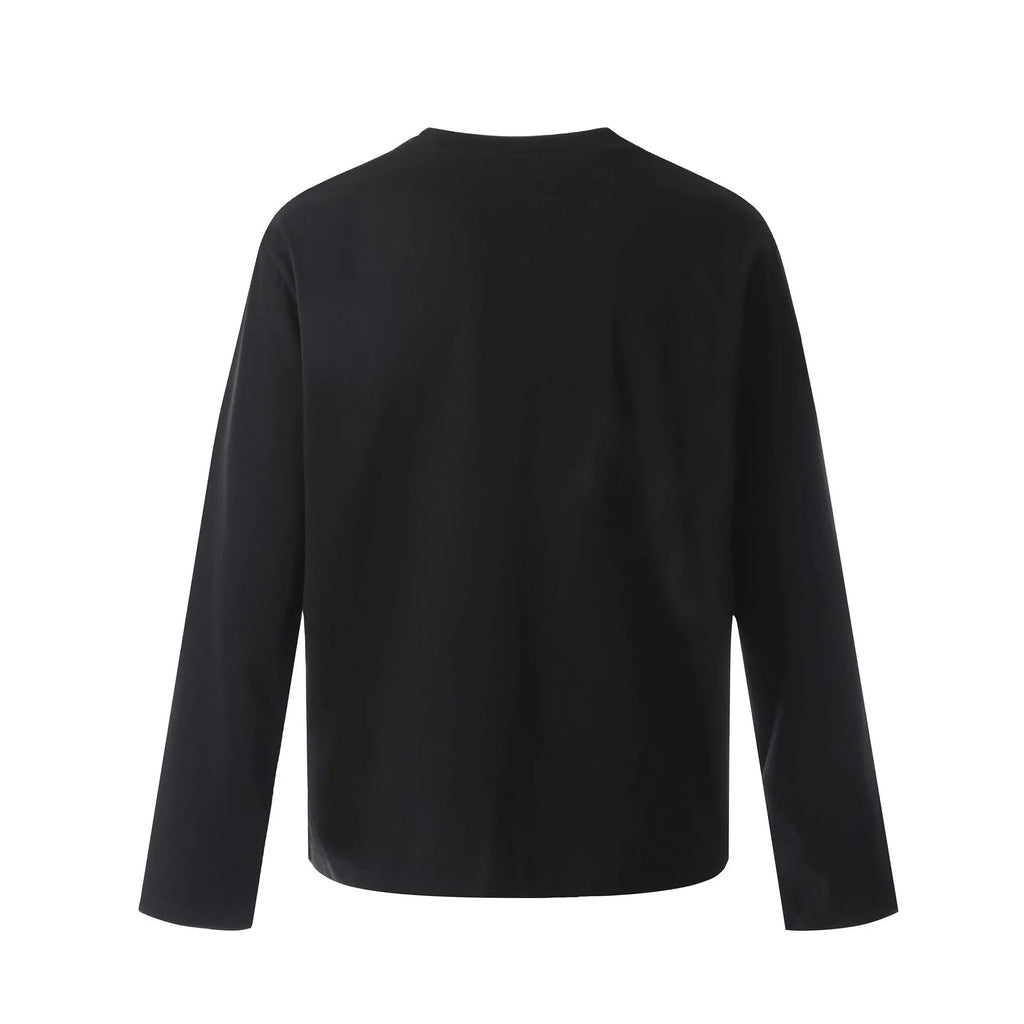 Men's loose fit black and grey cotton long sleeve casual T-shirt on a hanger.