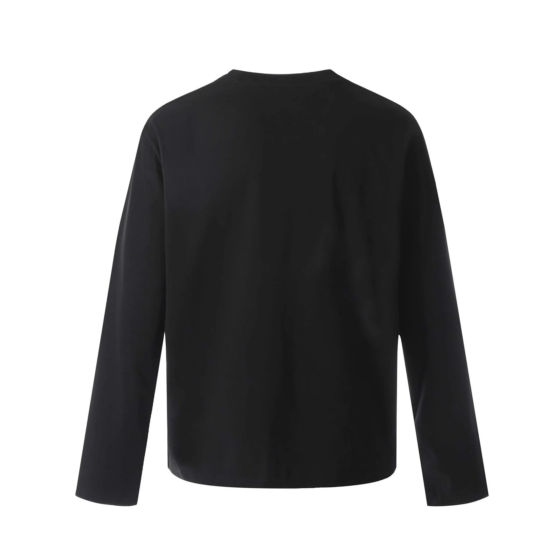 Men's loose fit black and grey cotton long sleeve casual T-shirt on a hanger.