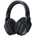 Luminous black wireless gaming headphones showing head-mounted design with adjustable headband and ear cups
