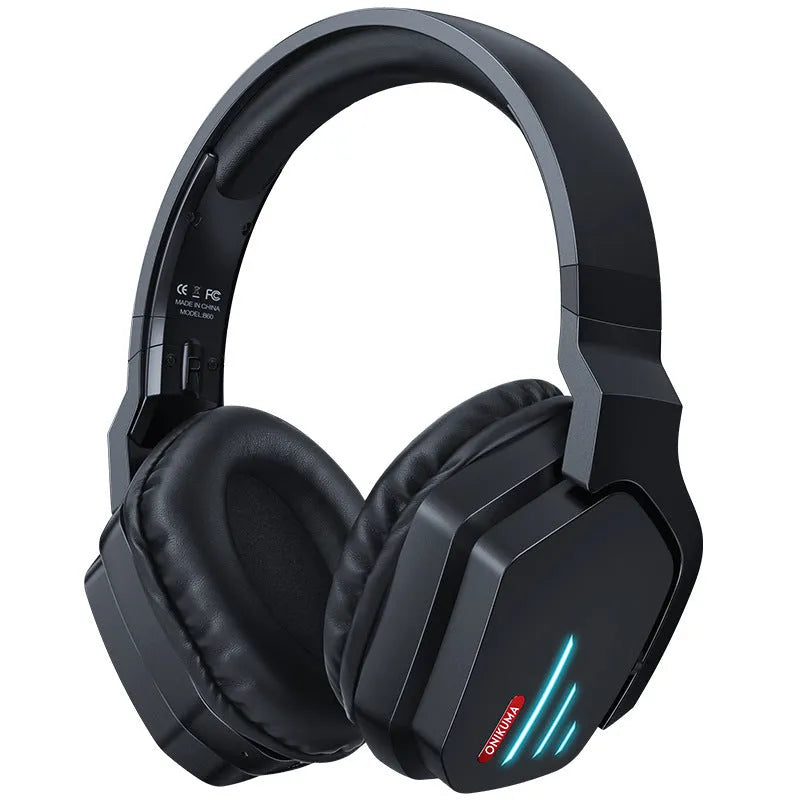Luminous black wireless gaming headphones showing head-mounted design with adjustable headband and ear cups