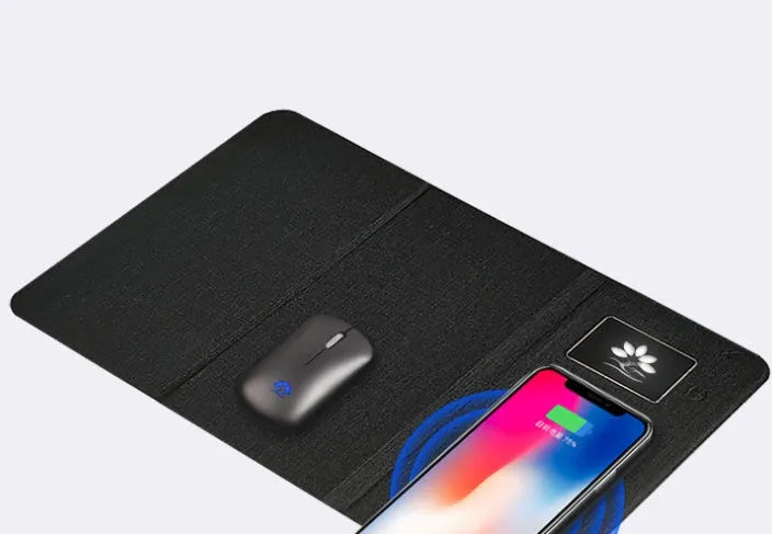 Folding wireless charging mouse pad set with cloth surface and wireless mouse showing folded and extended positions