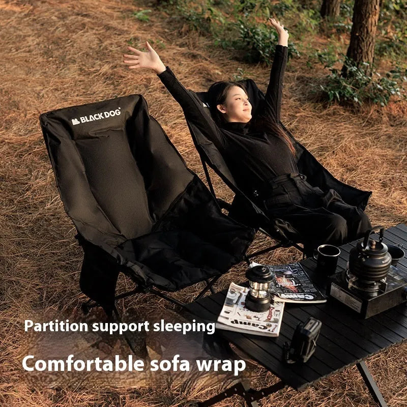 Night Black Oxford cloth camping recliner moon chair in folded and unfolded positions