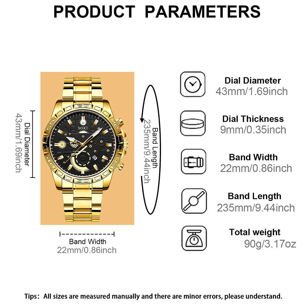 Gold men's business calendar quartz watch with stainless steel bracelet and single folding buckle