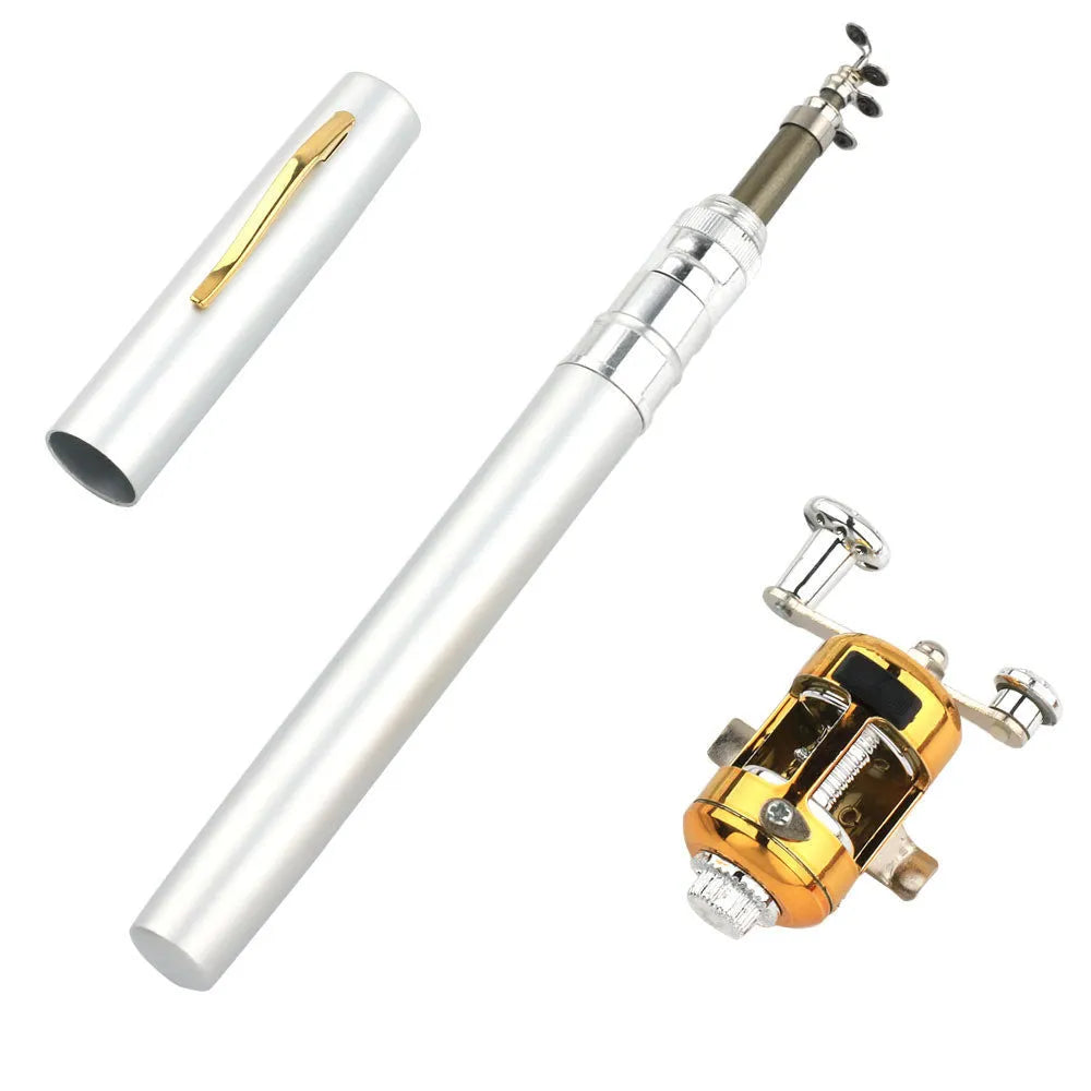 Gold portable telescopic pen fishing rod and reel kit collapsed in aluminium case