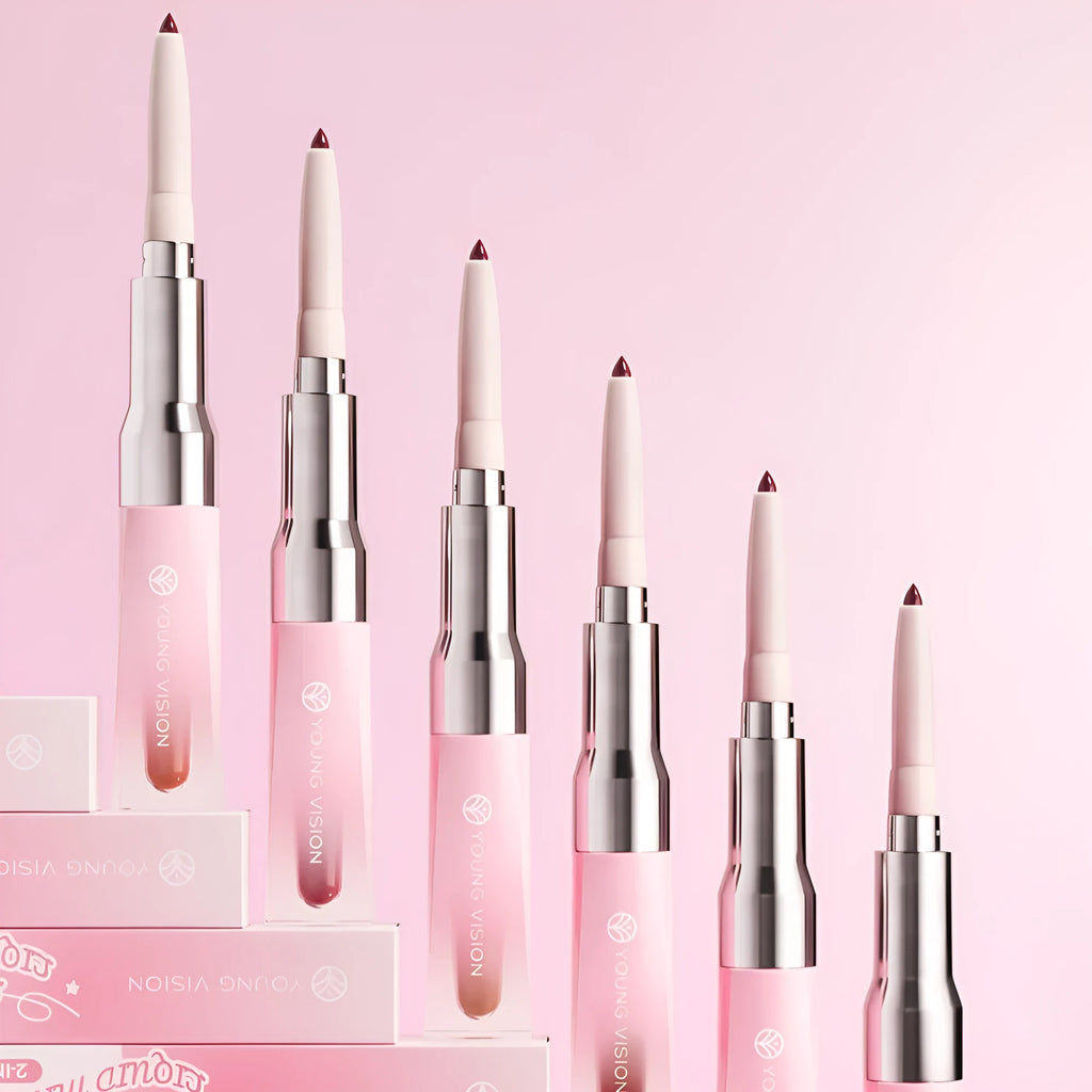 Double-headed lip liner and mirror lip gloss two-in-one with natural stereo effect, six colour options