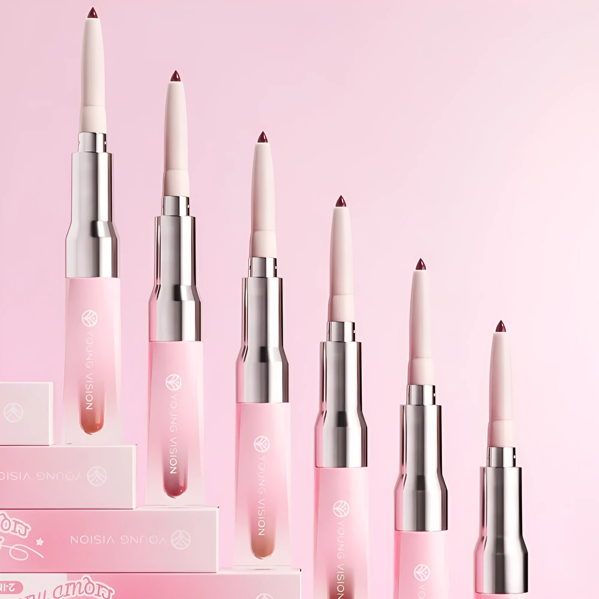 Double-headed lip liner and mirror lip gloss two-in-one with natural stereo effect, six colour options