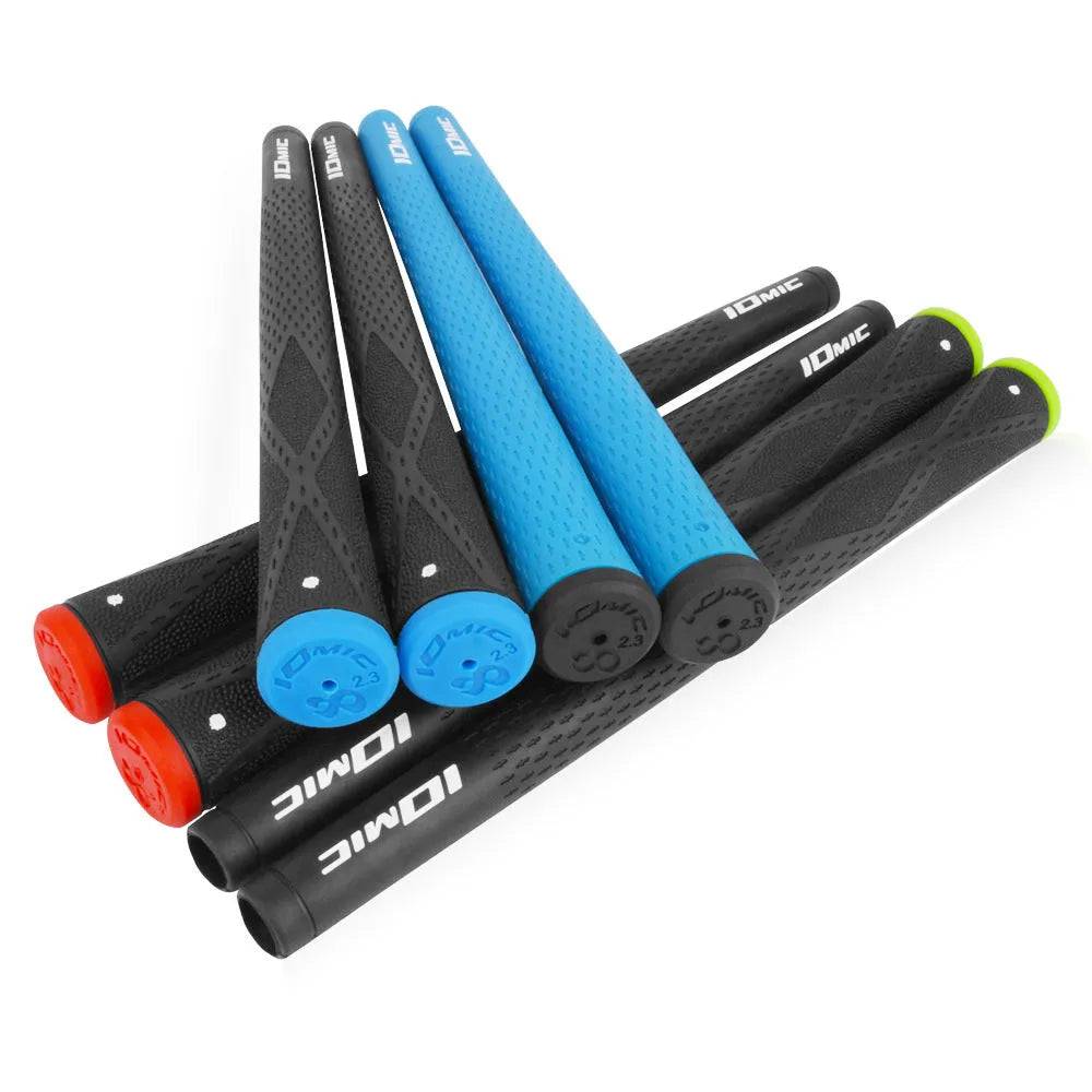 TPE material golf club grip shown in various colours including pink, red, blue, and black combinations.