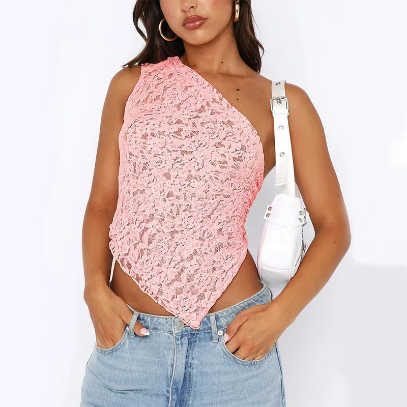 Women's lace backless vest with asymmetrical neckline in slim fit street hipster style