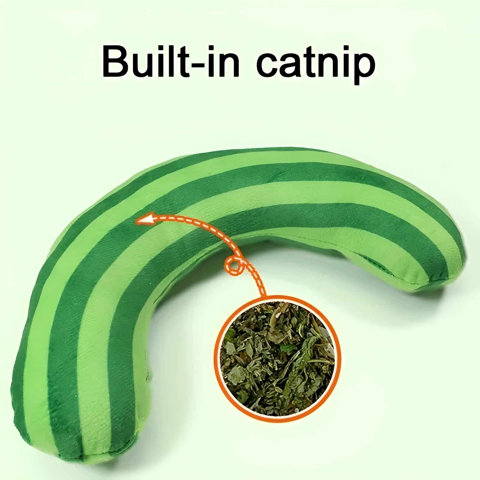 Set of four cat toys including a noise maker and a green striped catnip pillow on a neutral background.