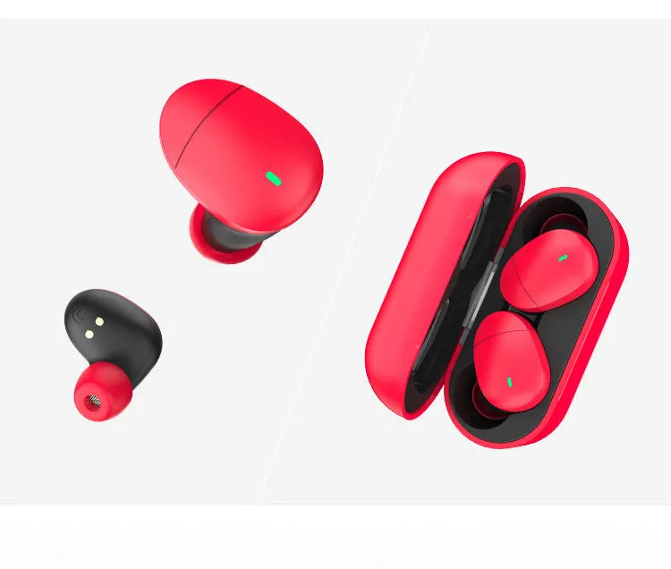 Flame red Qualcomm Bluetooth 5.2 wireless headset with earplug design and charging cable