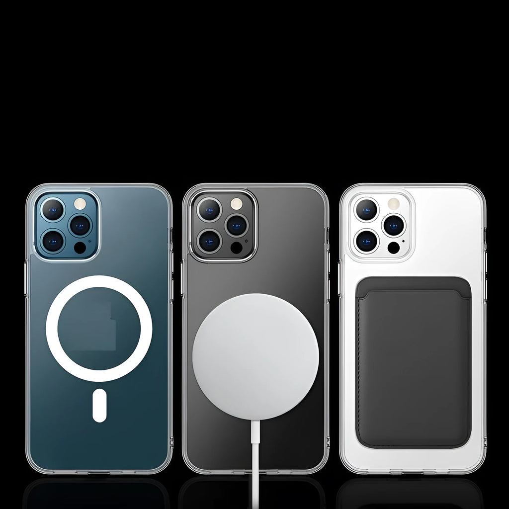 Clear transparent magnetic phone case for iPhone with MagSafe compatibility ring visible