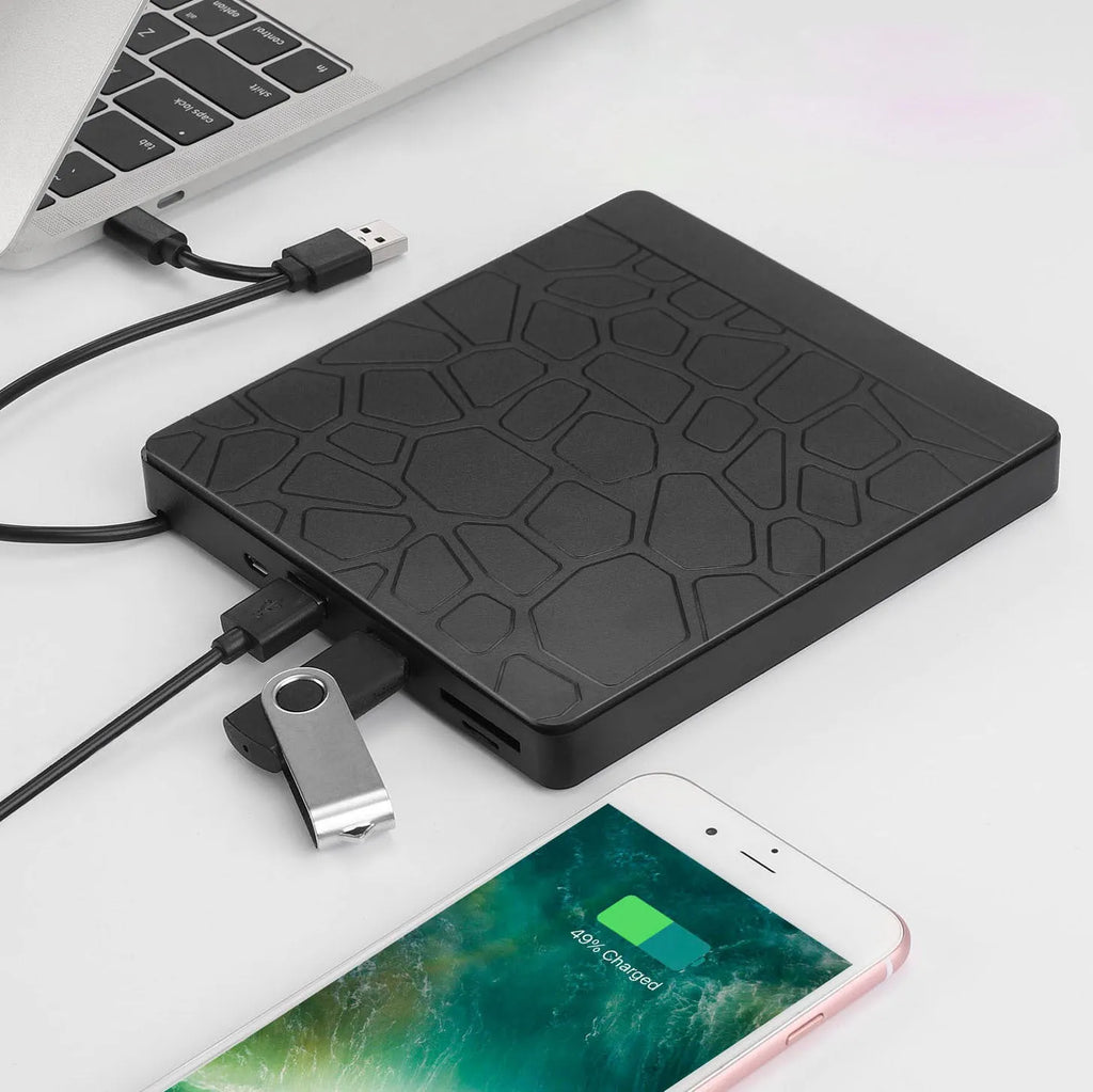 Black external optical drive for notebook computers with dual USB connectors