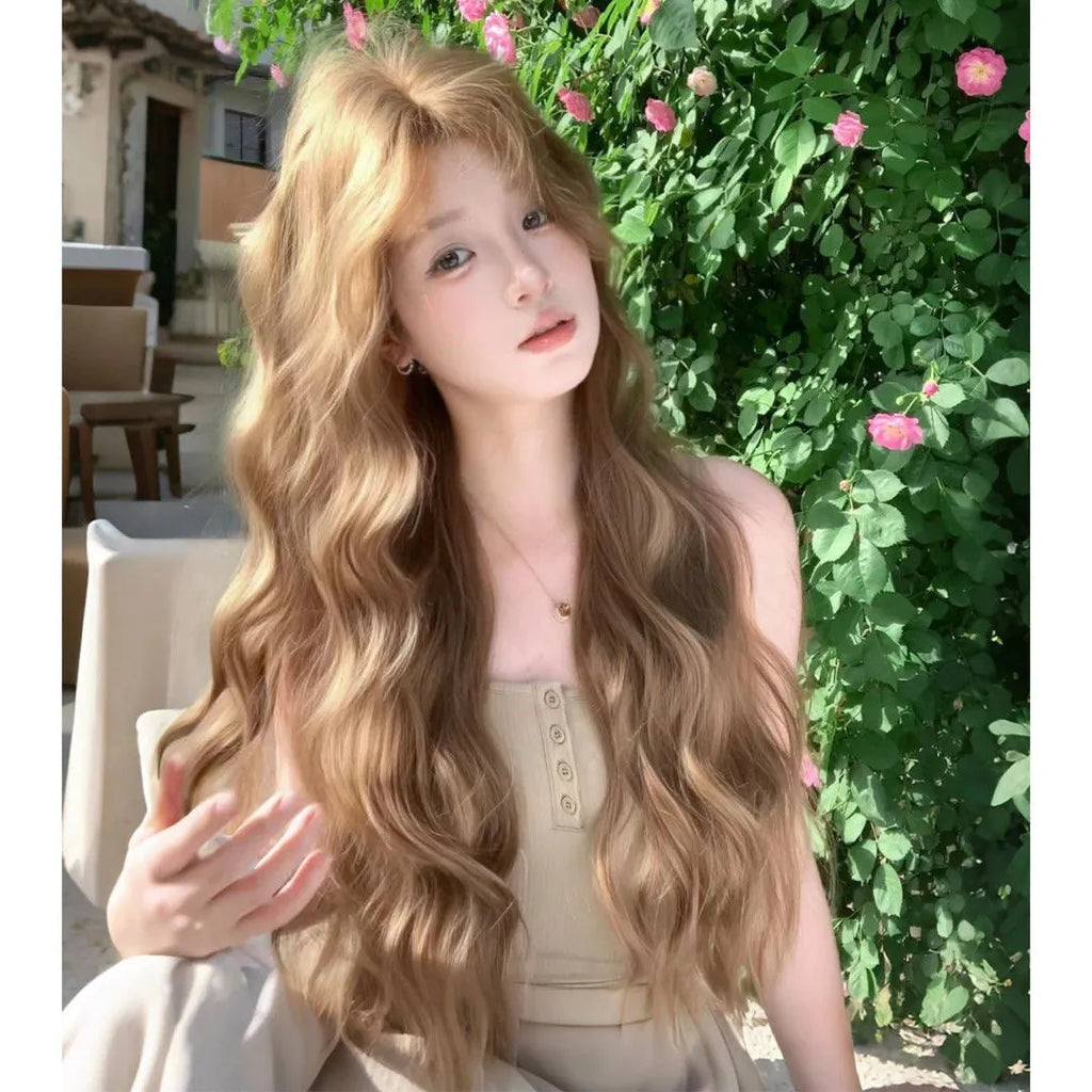 Brown medium length curly synthetic wig with linen shade and defined curls