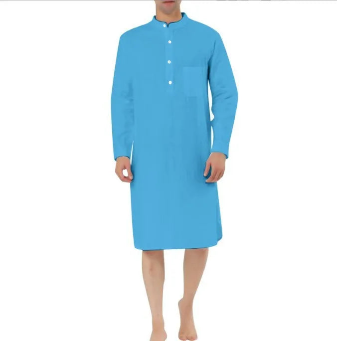 Men's cotton shirt robe with front pocket in various colour options on a hanger.