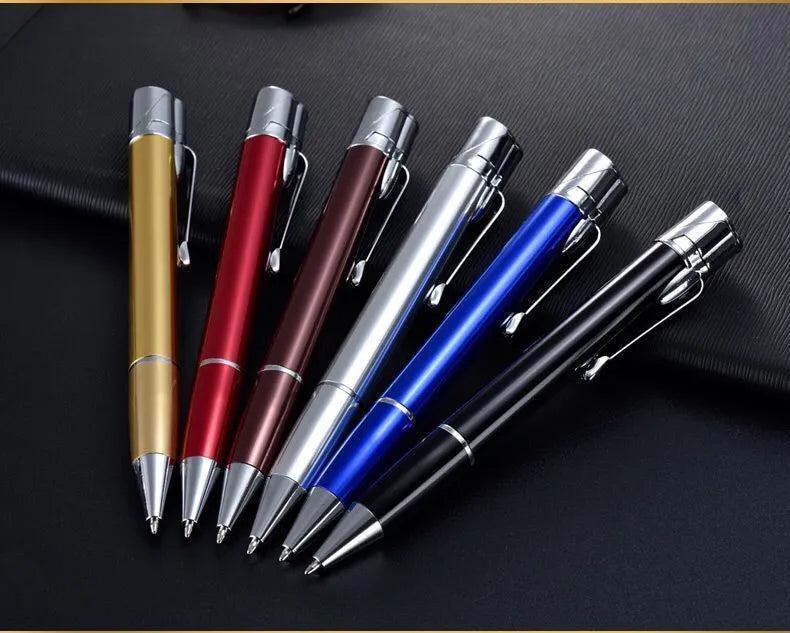 A slim metal pen-style jet flame lighter in a choice of colours, shown with a windproof blue flame.