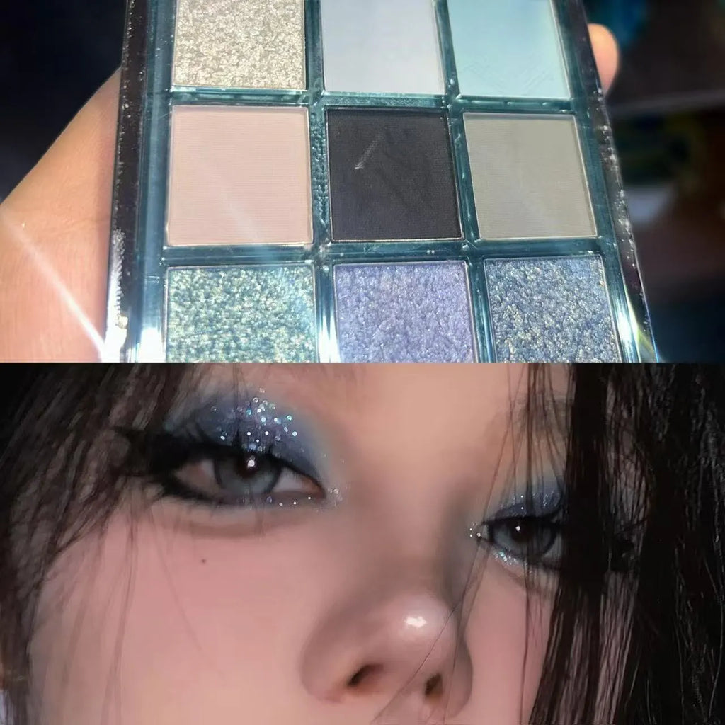 Nine-colour eye shadow palette with blue smoked shades showing matte and shimmer finishes