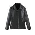 Men's black PU leather casual jacket with zipper pockets and loose fit design