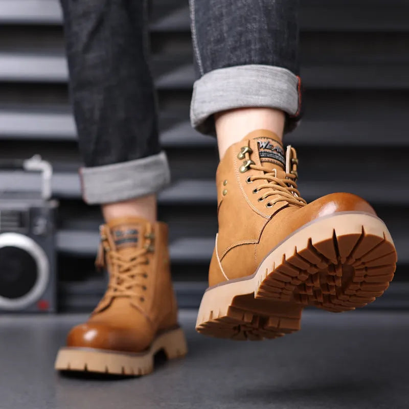 Men's brown leather high-top boot with side zipper and round toe on a rubber sole.