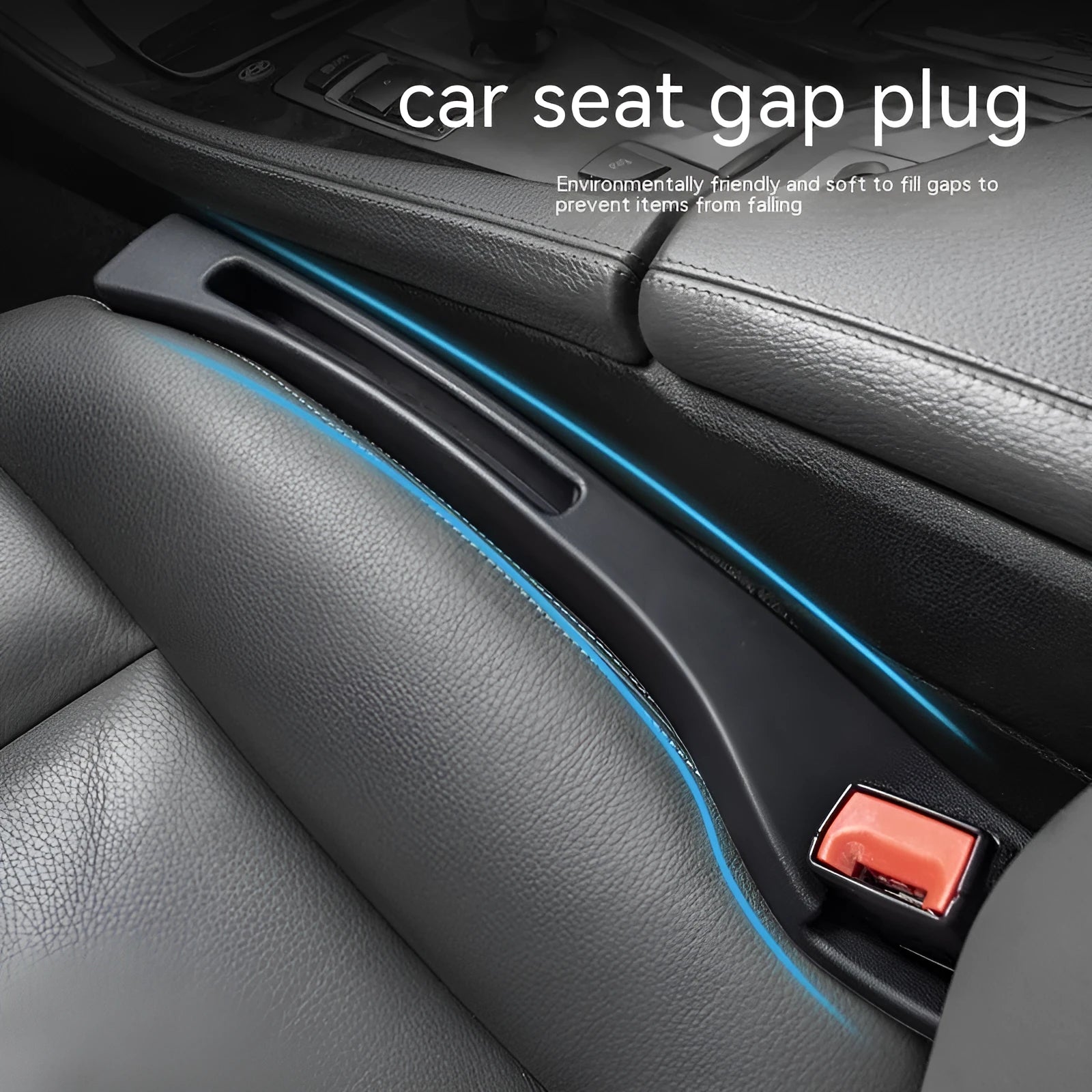 Black plastic car seats gap storage box with handle between driver seat and centre console