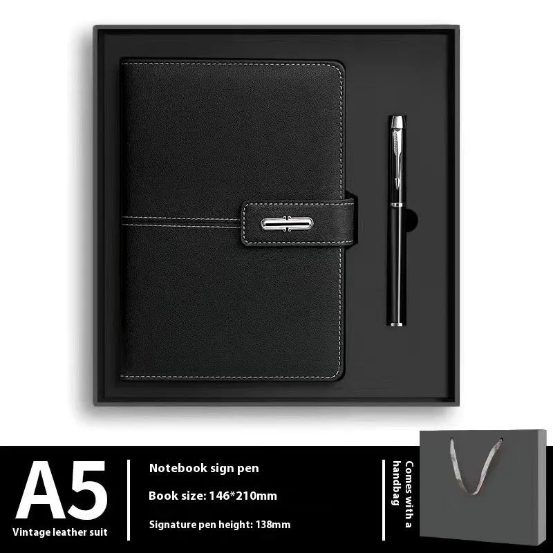 A5 notebook with PU leather cover in one of six colour options, showing wood-free paper inside.