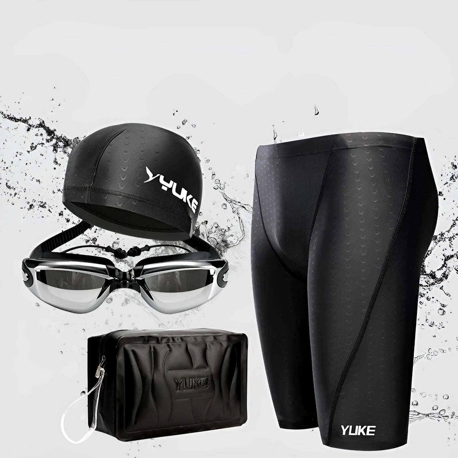 Men's black five-piece swimming set with trunks, goggles, waterproof cap, earplugs, nose clip, and carry bag.