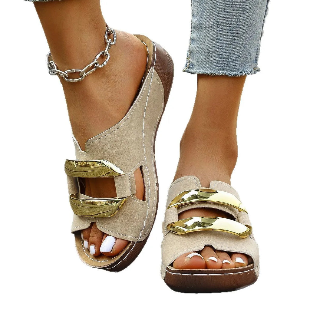 Roman style platform flip-flops in black, white, khaki and sea blue colours showing artificial PU upper and rubber sole