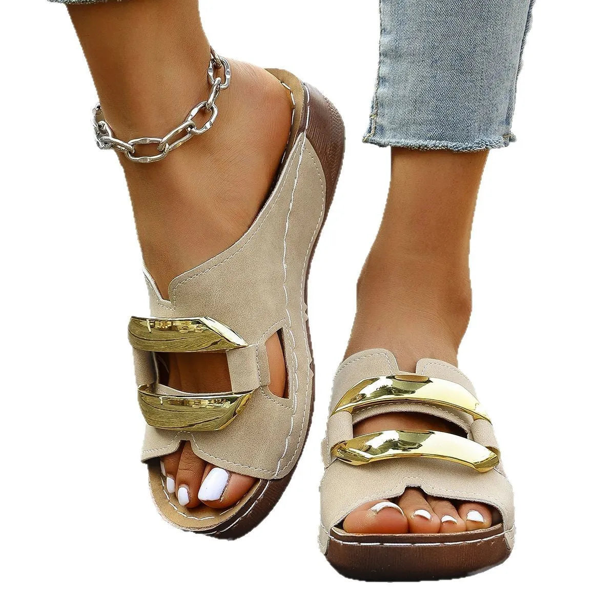Roman style platform flip-flops in black, white, khaki and sea blue colours showing artificial PU upper and rubber sole