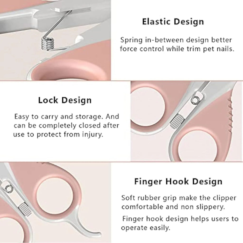 Grey and pink cat nail clippers with curved blade and rubber-coated handle
