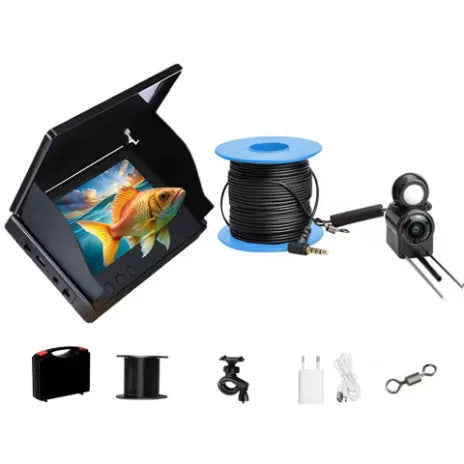 Fish finder unit with 4.3-inch screen connected to an underwater camera on a long cable