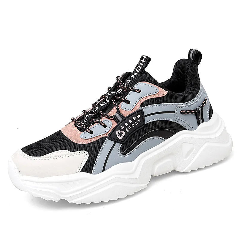 Women's white thick-soled casual sports shoes with mesh upper and round toe