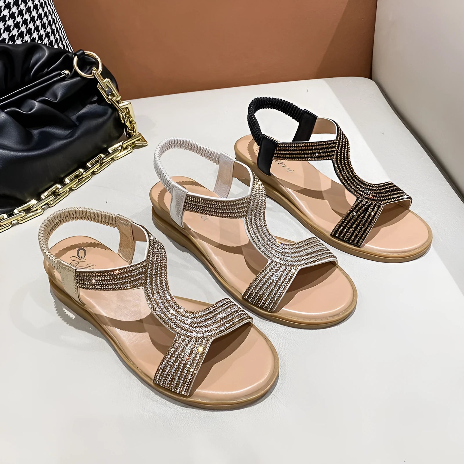 Women's gold summer sandals with rhinestone decoration and round toe design on non-slip sole