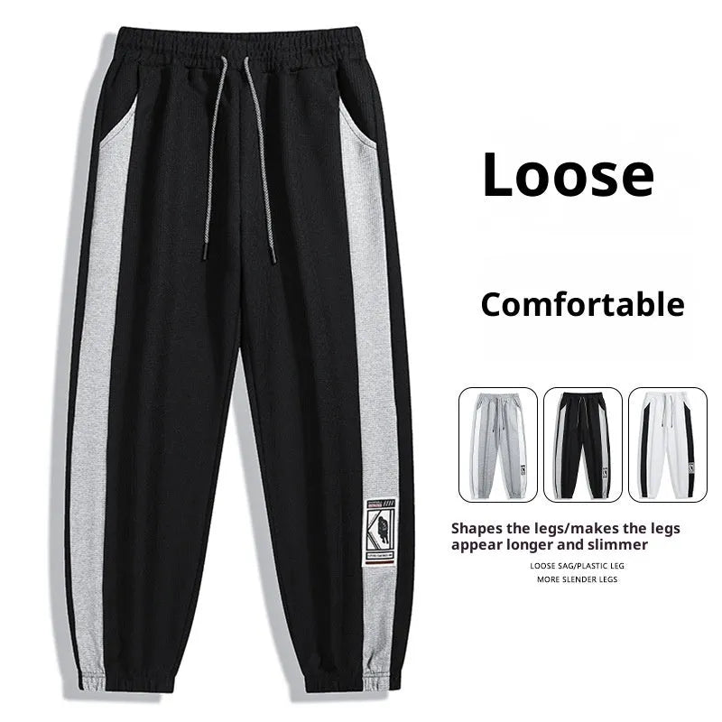Men's casual wide leg fleece lined trousers in black, loose fit with drawstring waist