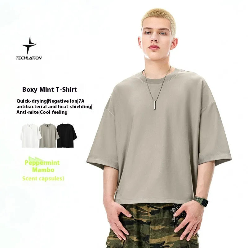 Men's sand grey loose fit short sleeve pullover with regular sleeves for casual leisure wear