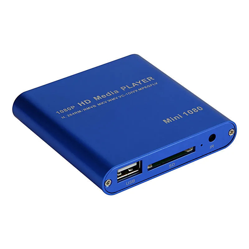 Compact black or blue 1080P Full HD media player with HDMI port for SD cards and USB drives