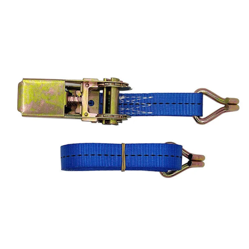 Steel and polyester double hook ratchet tensioner strap for cargo and furniture moving.