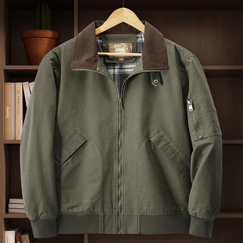 Men's plus-size washed cotton baseball jacket in army green colour