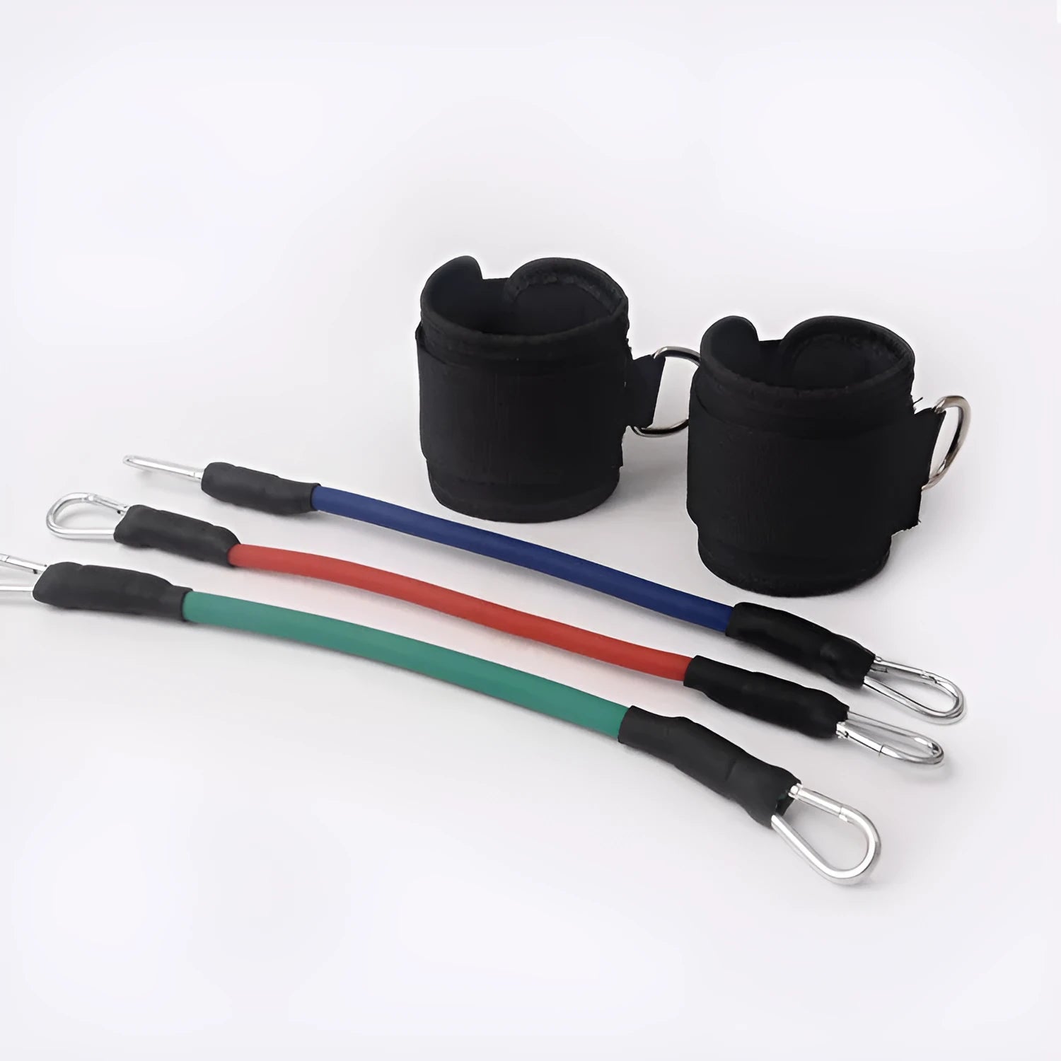 Black elastic pull rope set with ankle straps for leg and Taekwondo training.
