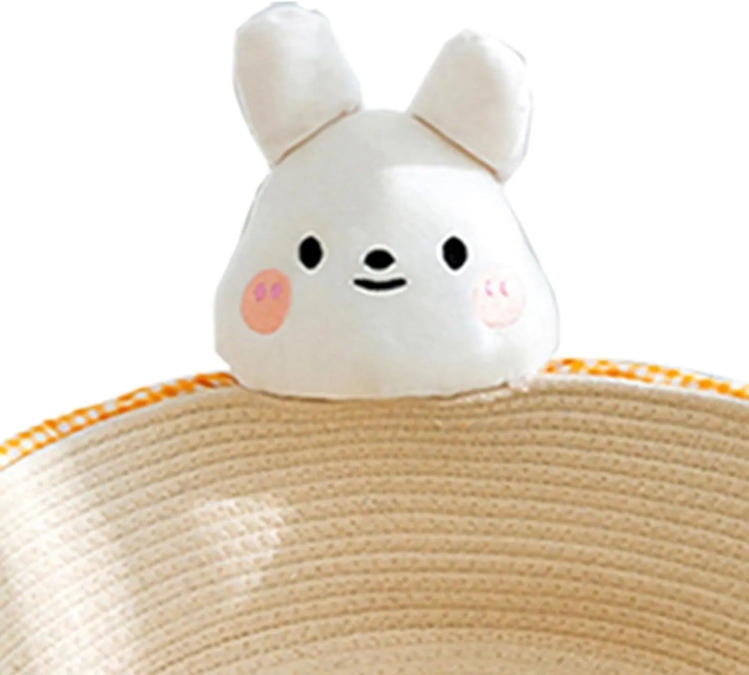 Woven cotton rope cat bed and scratcher basket in bear or rabbit design, shown in small, medium, or large size.
