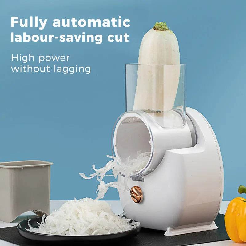 White electric vegetable slicer with rotary grater and suction base on kitchen counter