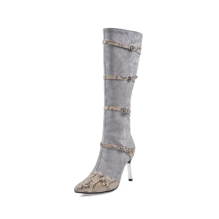 Women's grey knee-high boots with thin high heels on a wooden floor