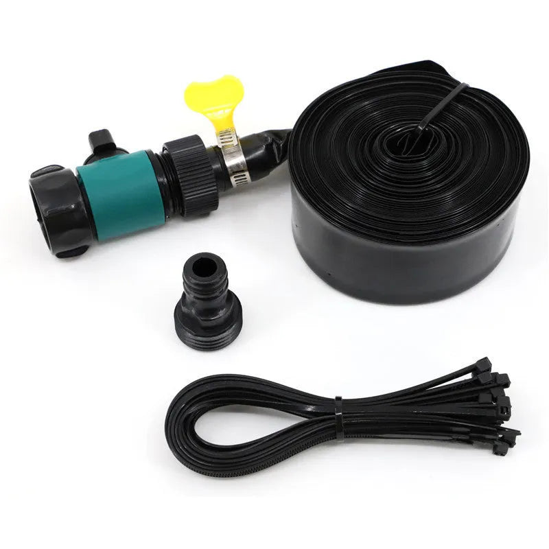Blue portable PVC garden sprinkler with solar water cooling panel and adjustable length hose