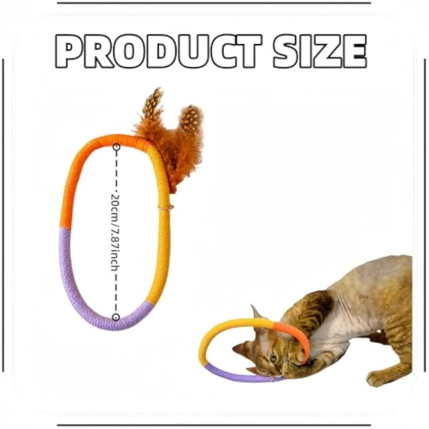 Green circular cotton rope cat toy with feather attachments for chewing and interactive play