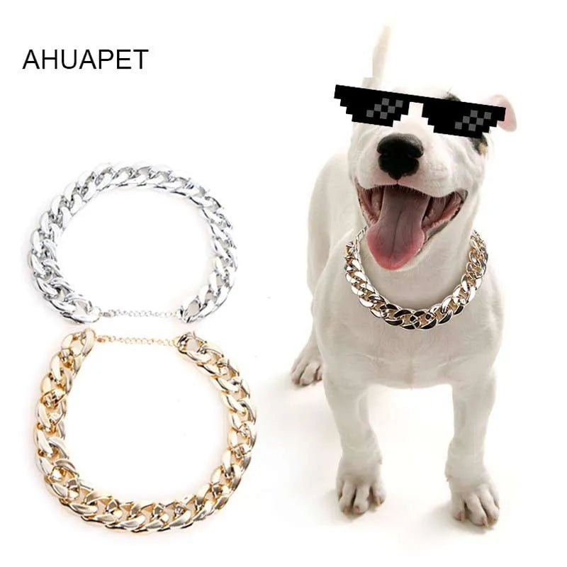Gold colour dog collar necklace with geometric buckle and twisted chain design for small to medium sized dogs