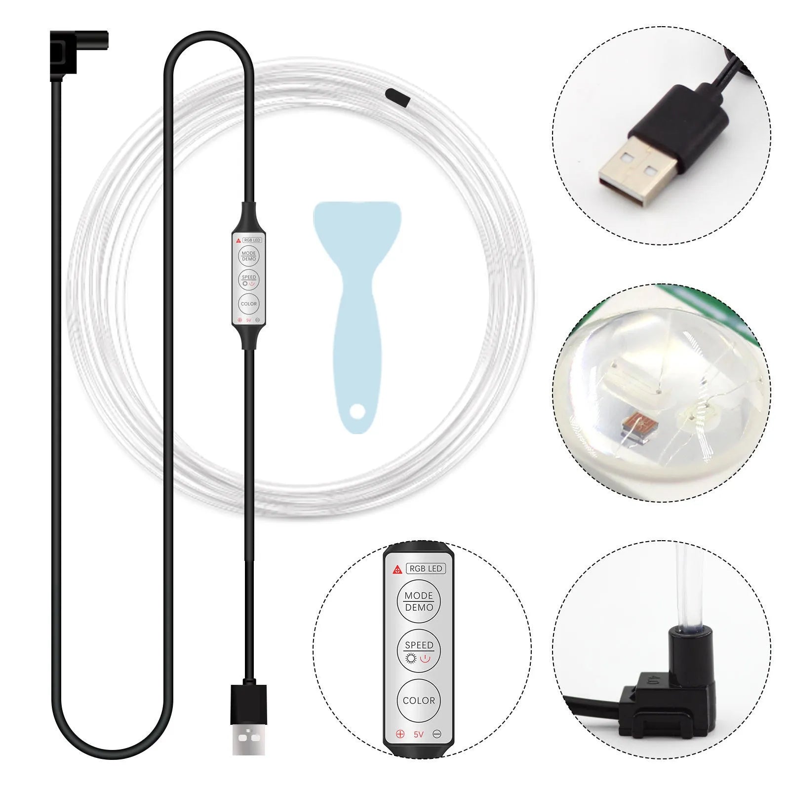 Car interior light strip USB wireless RGB MMS fibre optic 1-5 metre manual control 20 colours 22 dynamic modes