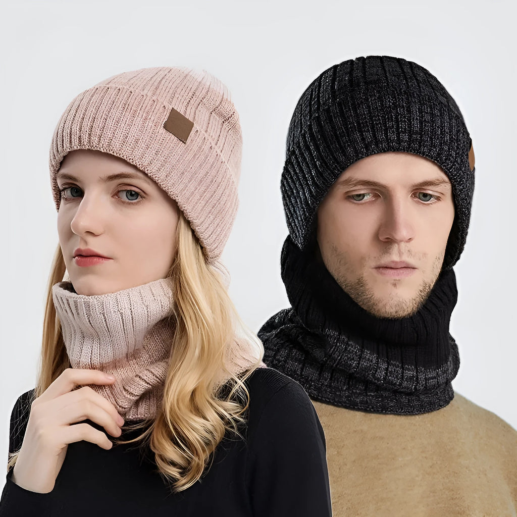 Outdoor fleece-lined thickened winter hat in dome crown style with matching neck warmer, available in multiple colours