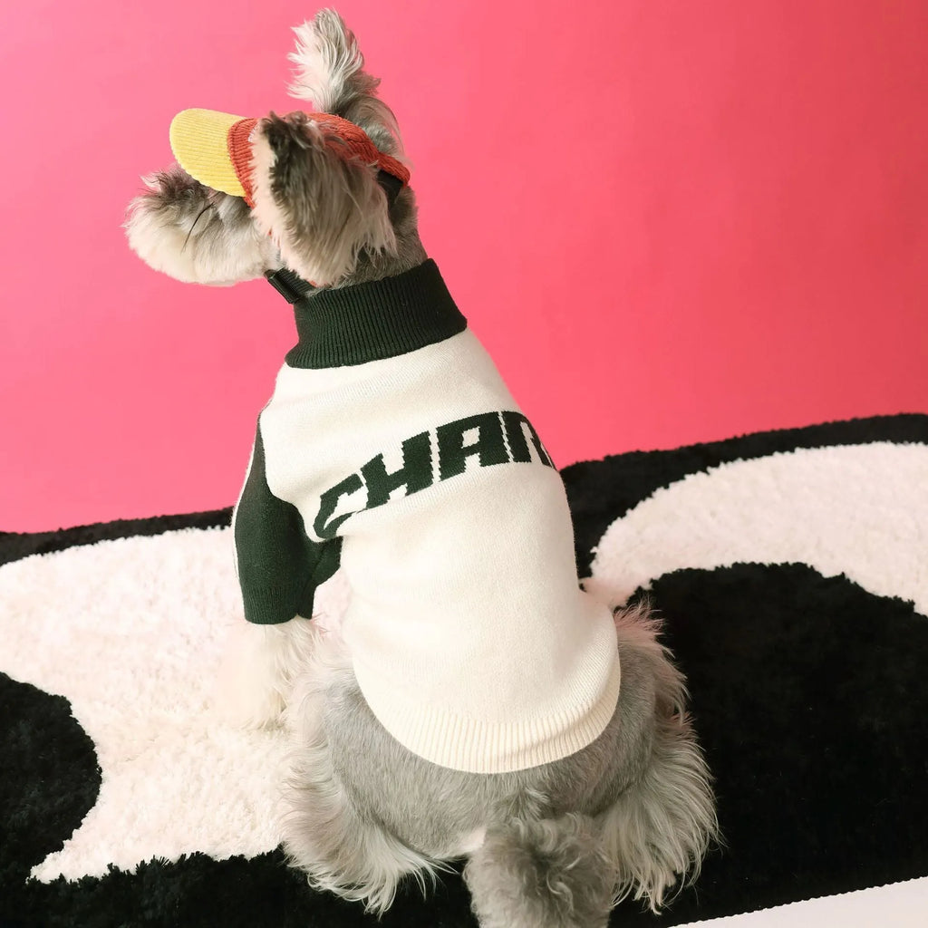 Red wool dog sweater cardigan on a mannequin, showing casual sports style and knit texture.