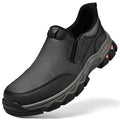 Men's dark brown casual leather-style shoes with round toe and flat rubber sole