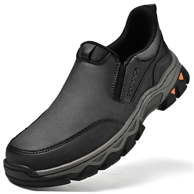 Men's dark brown casual leather-style shoes with round toe and flat rubber sole